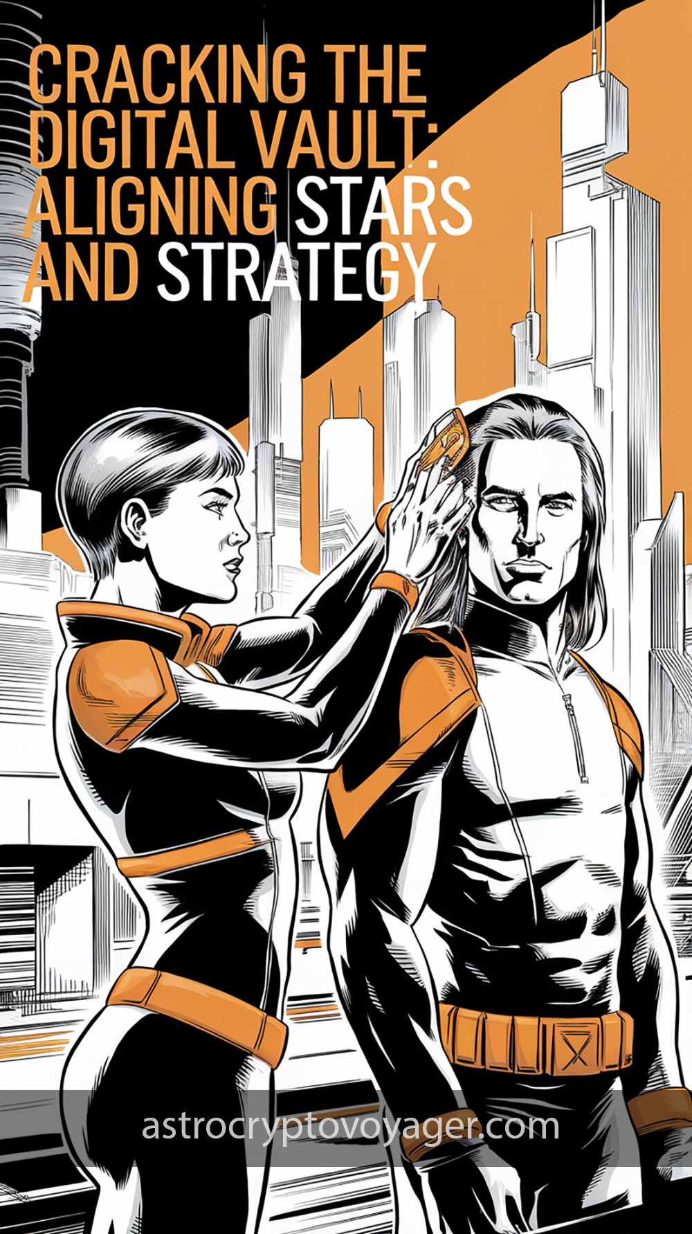 Comic book style, black and white with orange accents: Text on the image: "Cracking the Digital Vault Aligning Stars and Strategy"